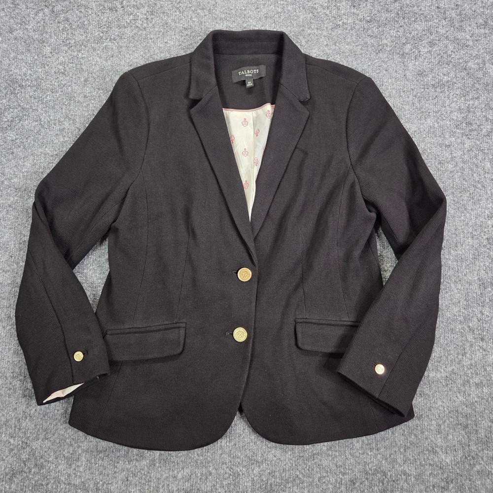 Talbots Blazer Womens 10P Petite Black Cotton Gold Button Lined Jacket